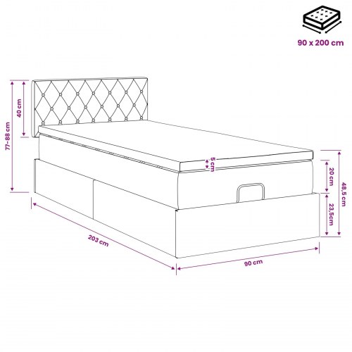 Ottoman seng med madras og LED 90 x 200 cm mørkegrøn velour