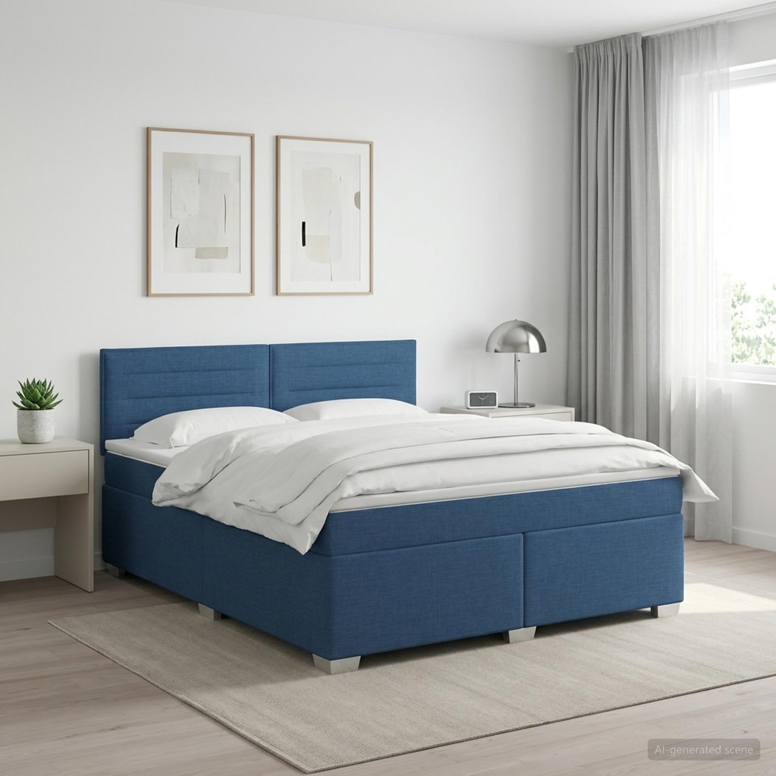 Boxmadras med topmadras og justerbar hovedgavl 140 x 200 cm blå
