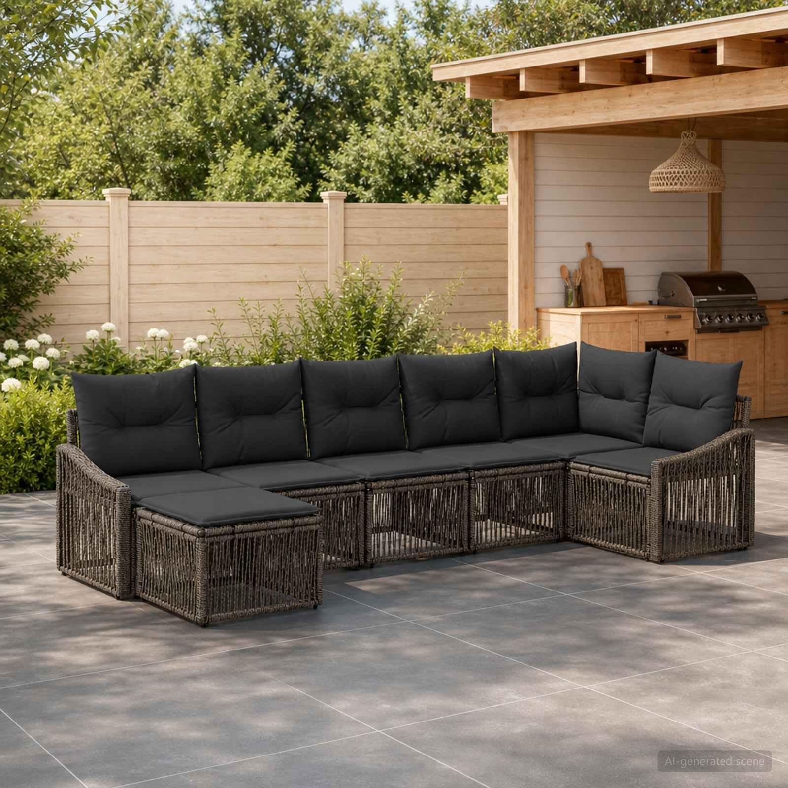 Havesofa sæt 7 dele i grå polyrattan - loungesæt til terrasse