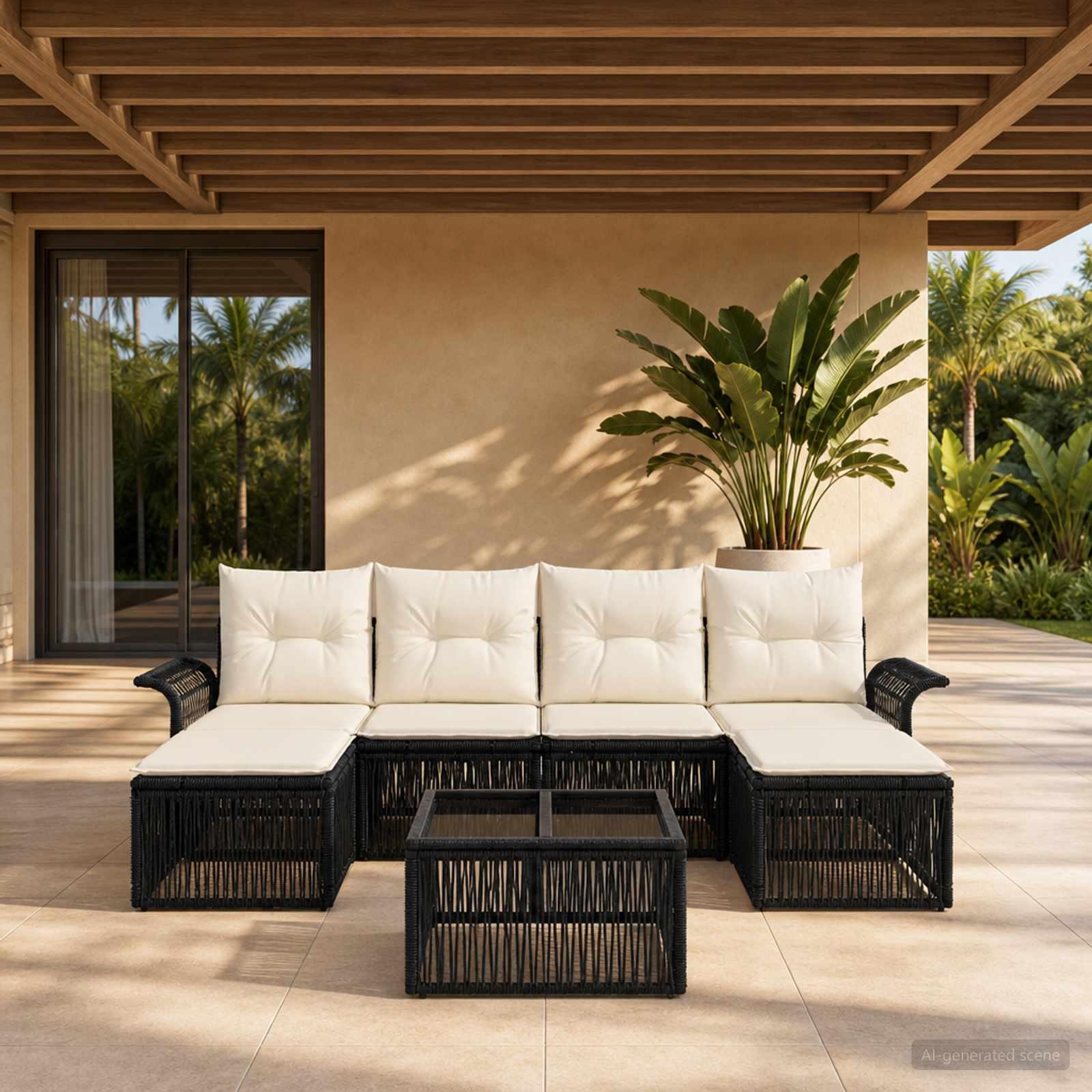 Havesofa sæt 7 stk. i sort polyrattan med puder