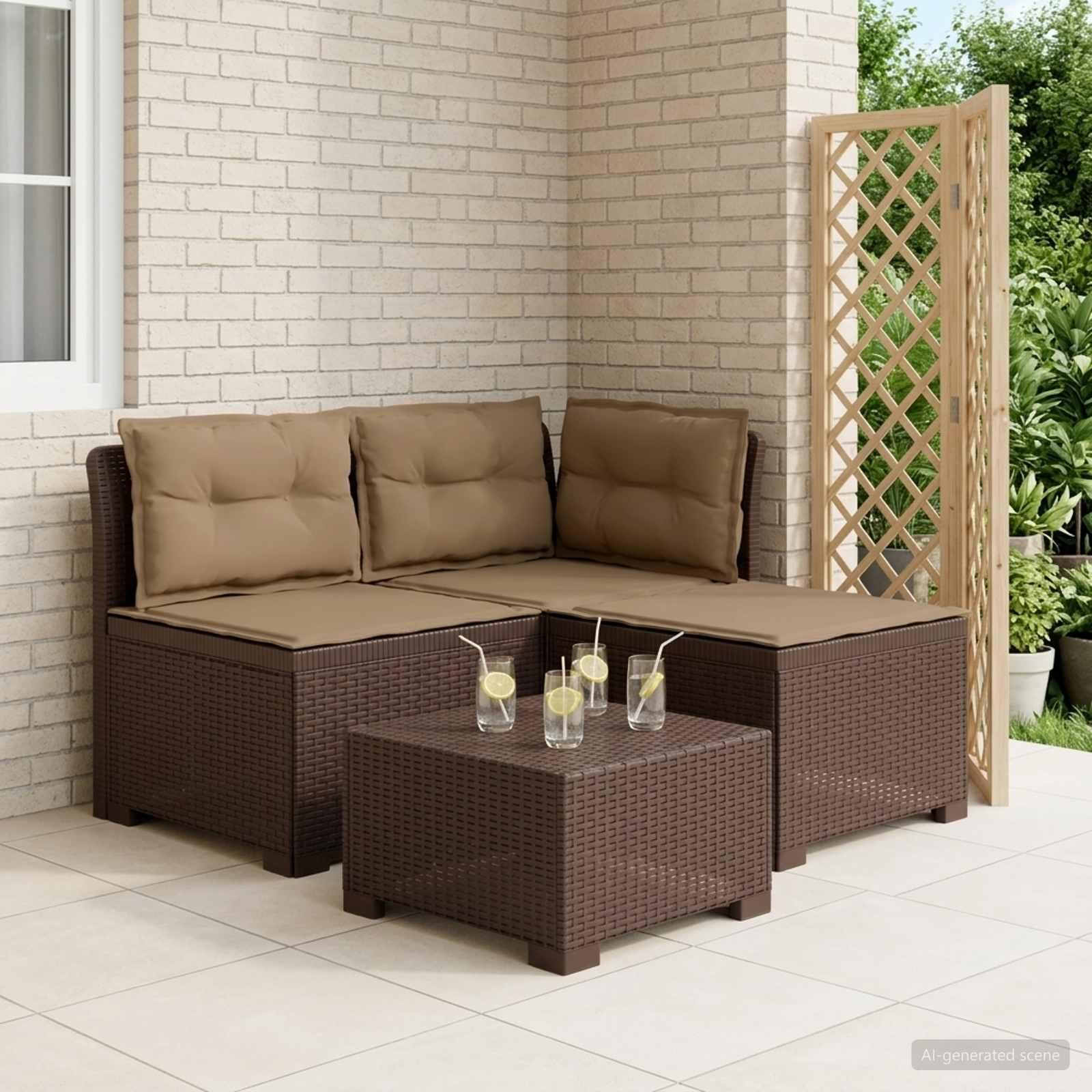 3-personers havensofa i rattanlook med puder, PP brun
