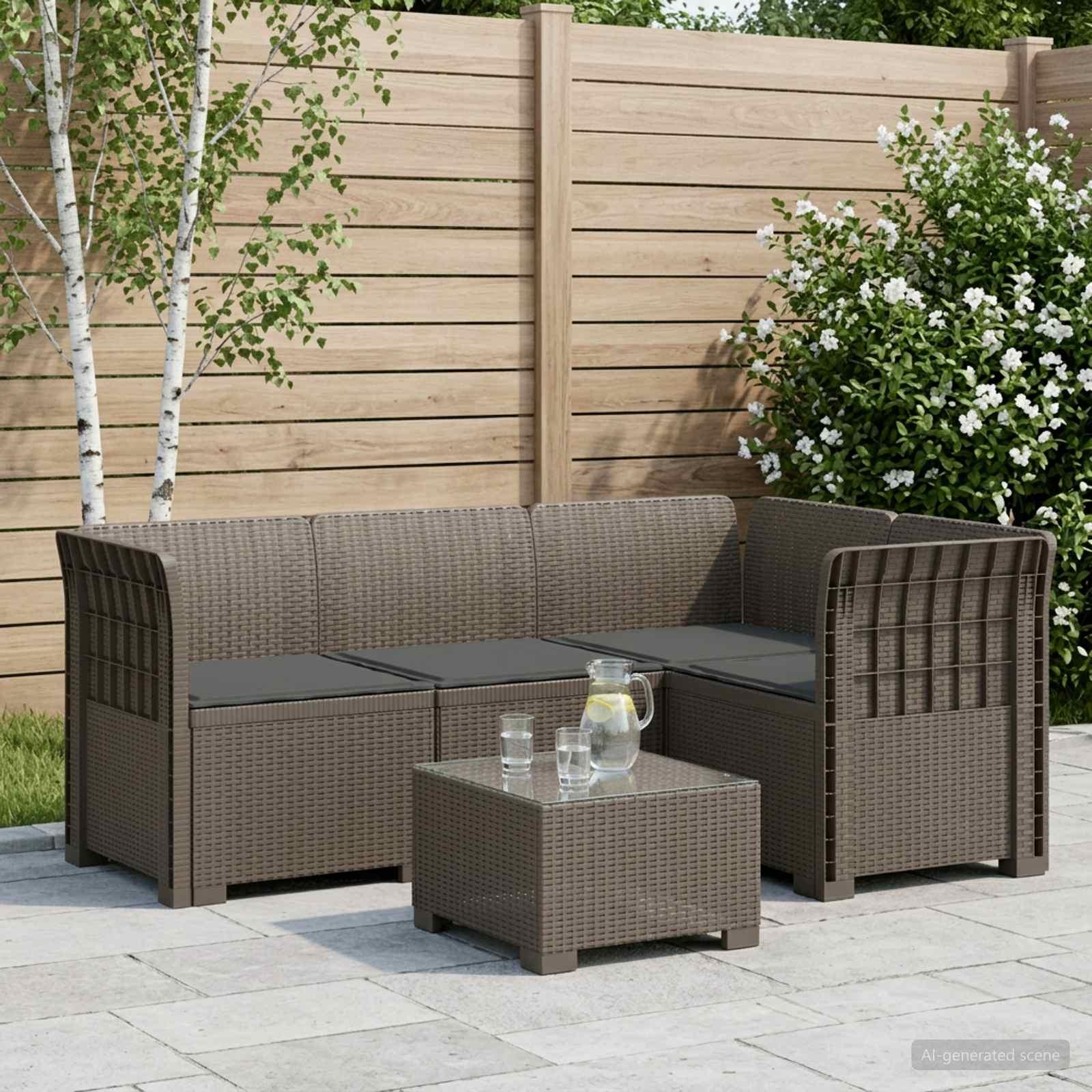 4-personers have sofa med puder i rattan-look PP lysegrå