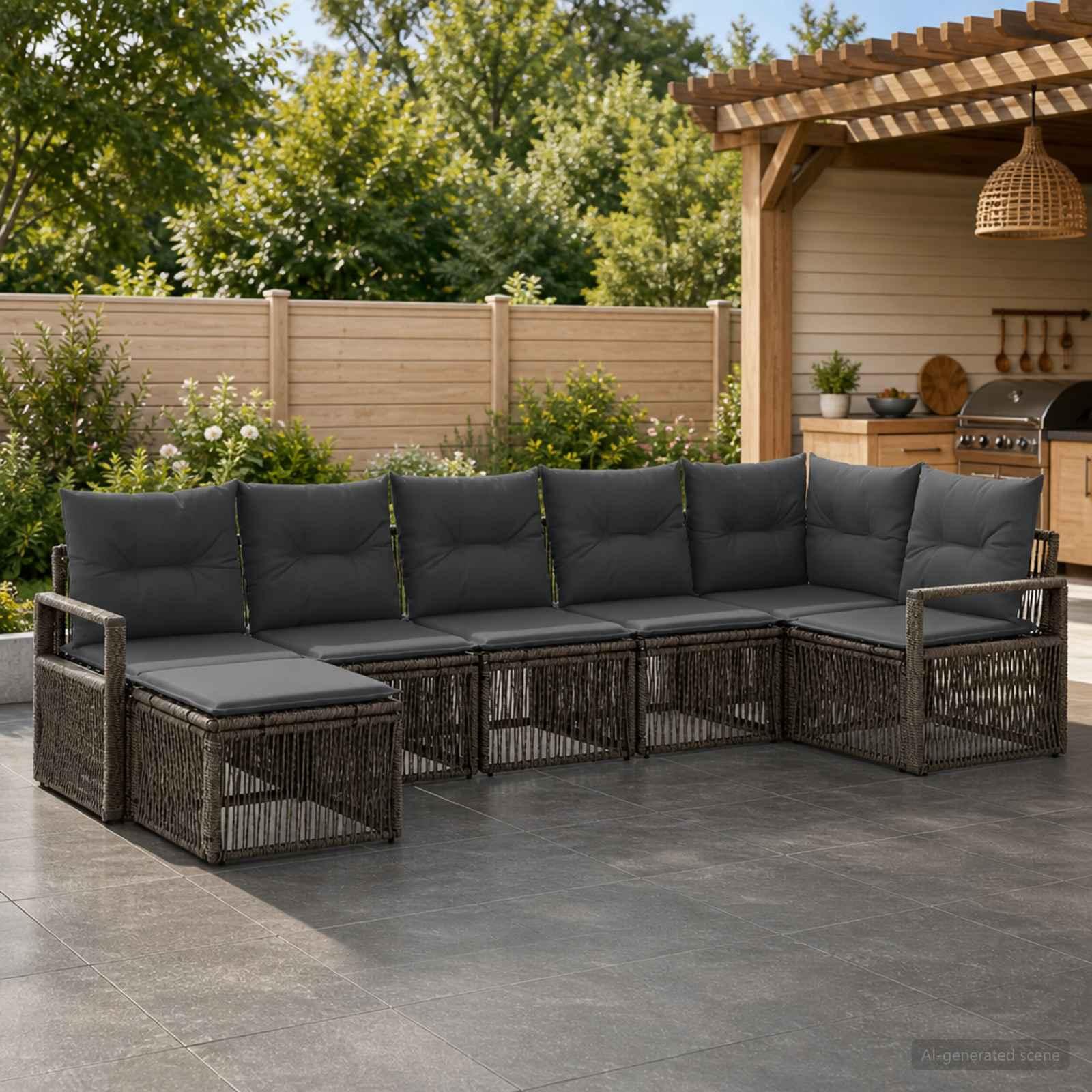 Havesofa sæt 7 stk. i grå polyrattan modulsofa til terrasse