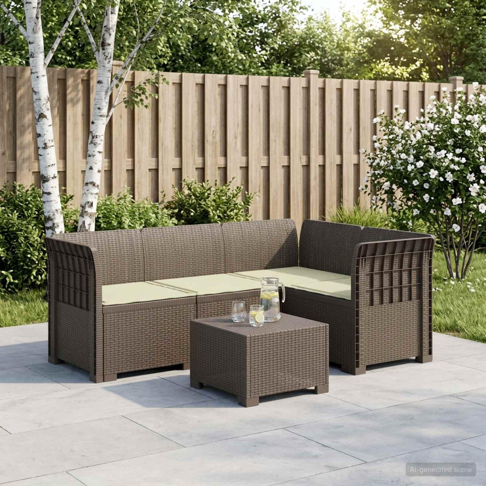 4-personers havesofa med puder i rattan-look PP lysegrå