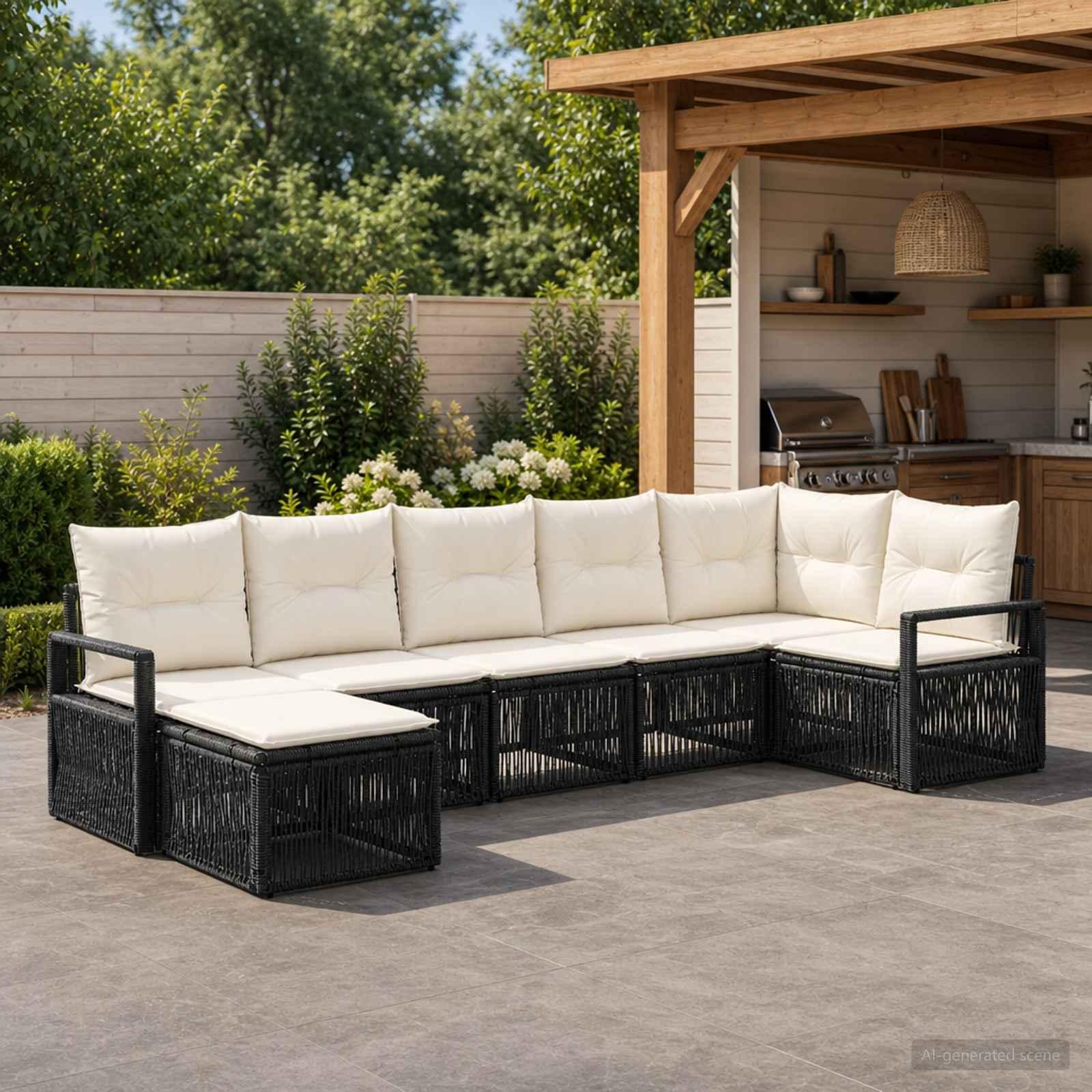 Havesofa sæt 7 stk. i sort polyrattan modulsofa