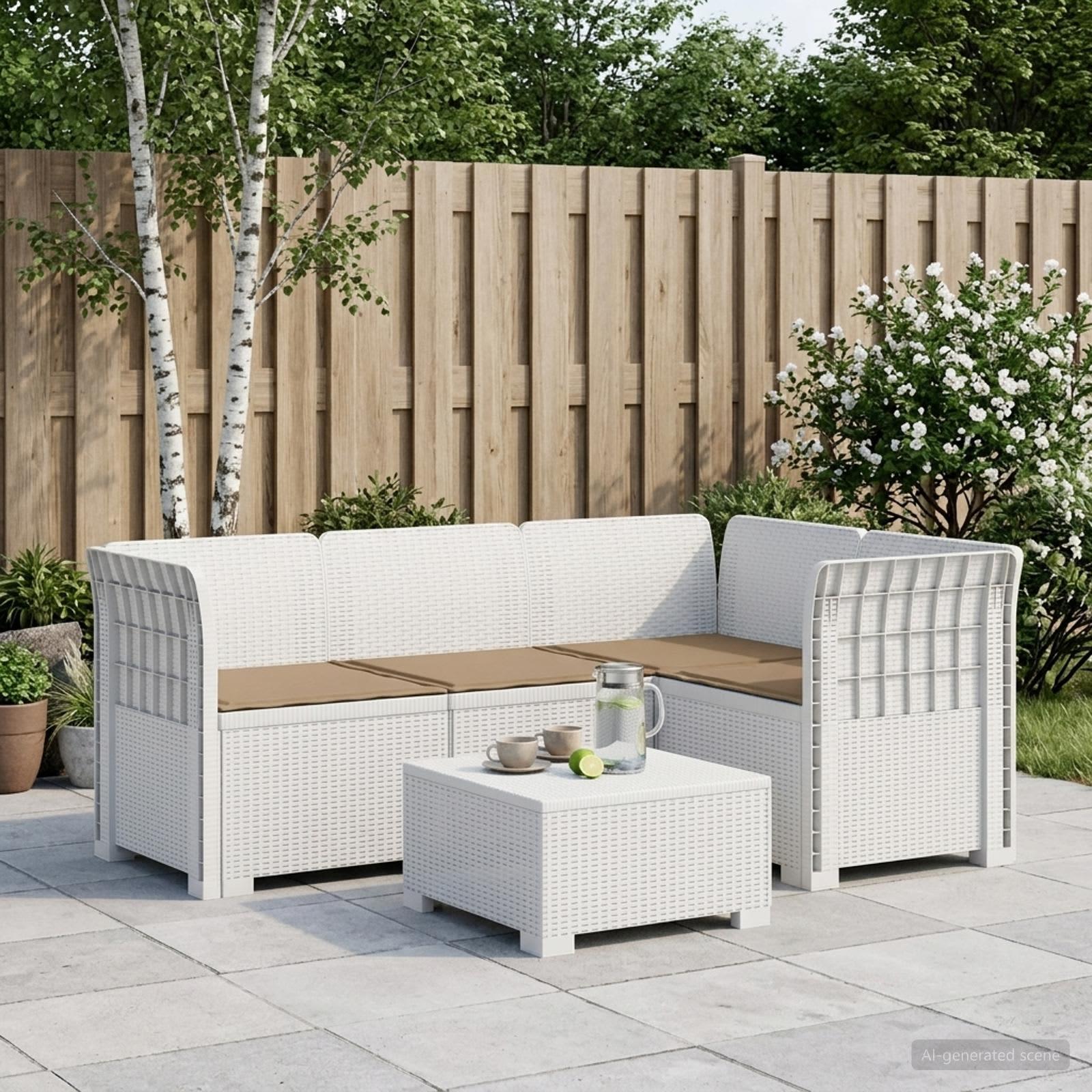 4-personers havesofa i rattan-look med puder, PP, hvid