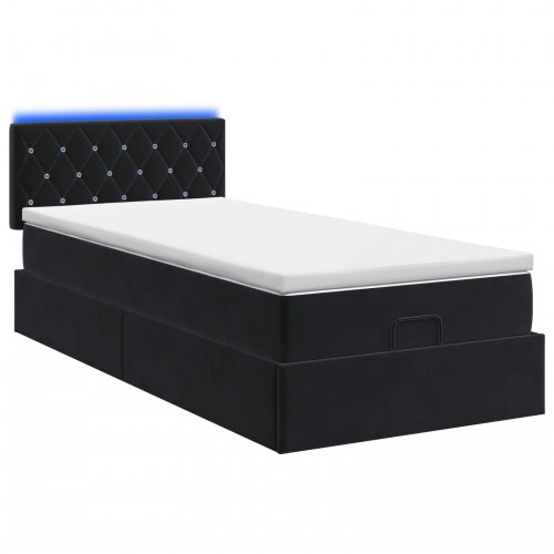 Ottoman seng med madras og LED 90 x 190 cm i sort velour