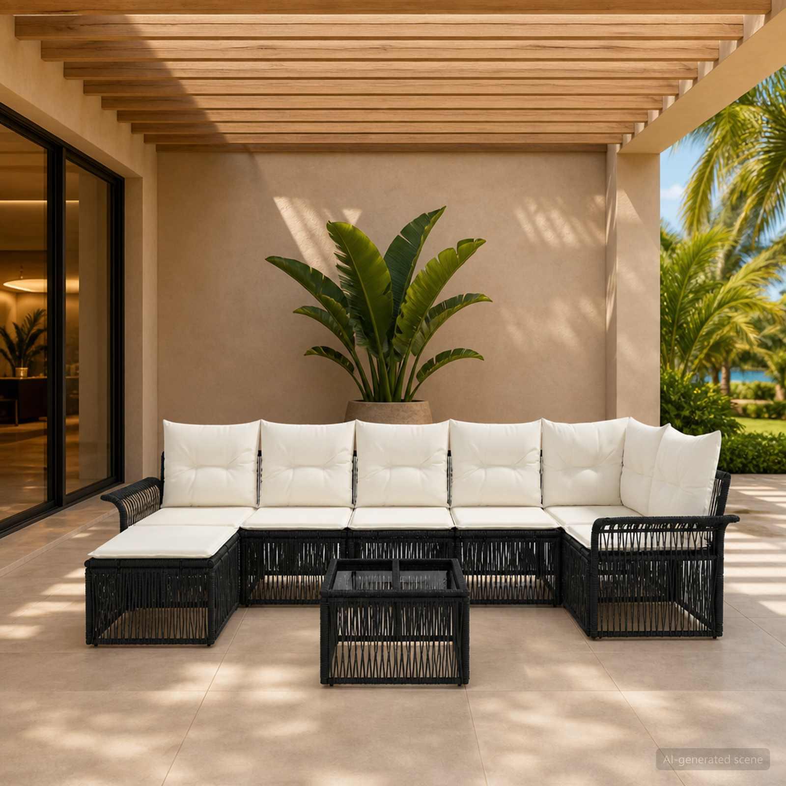 Havesofa sæt 8 stk. i sort polyrattan med bord