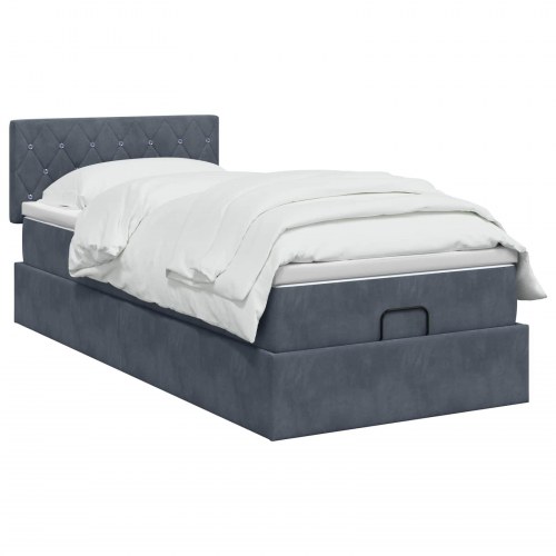 Ottoman seng med opbevaring, madras og LED - mørkegrå 90 x 190 cm velour