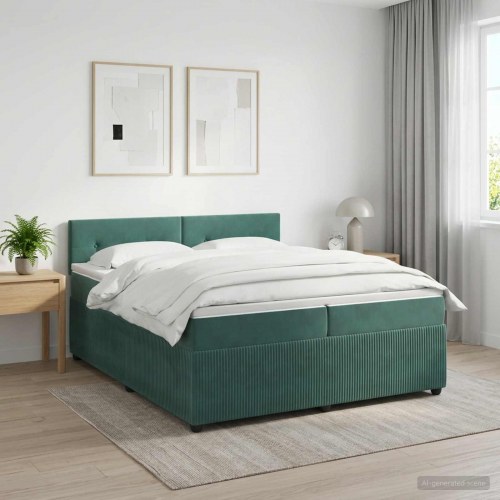 Boksmadrasseng med madras og topmadras 200 x 200 cm i mørkegrøn fløjl