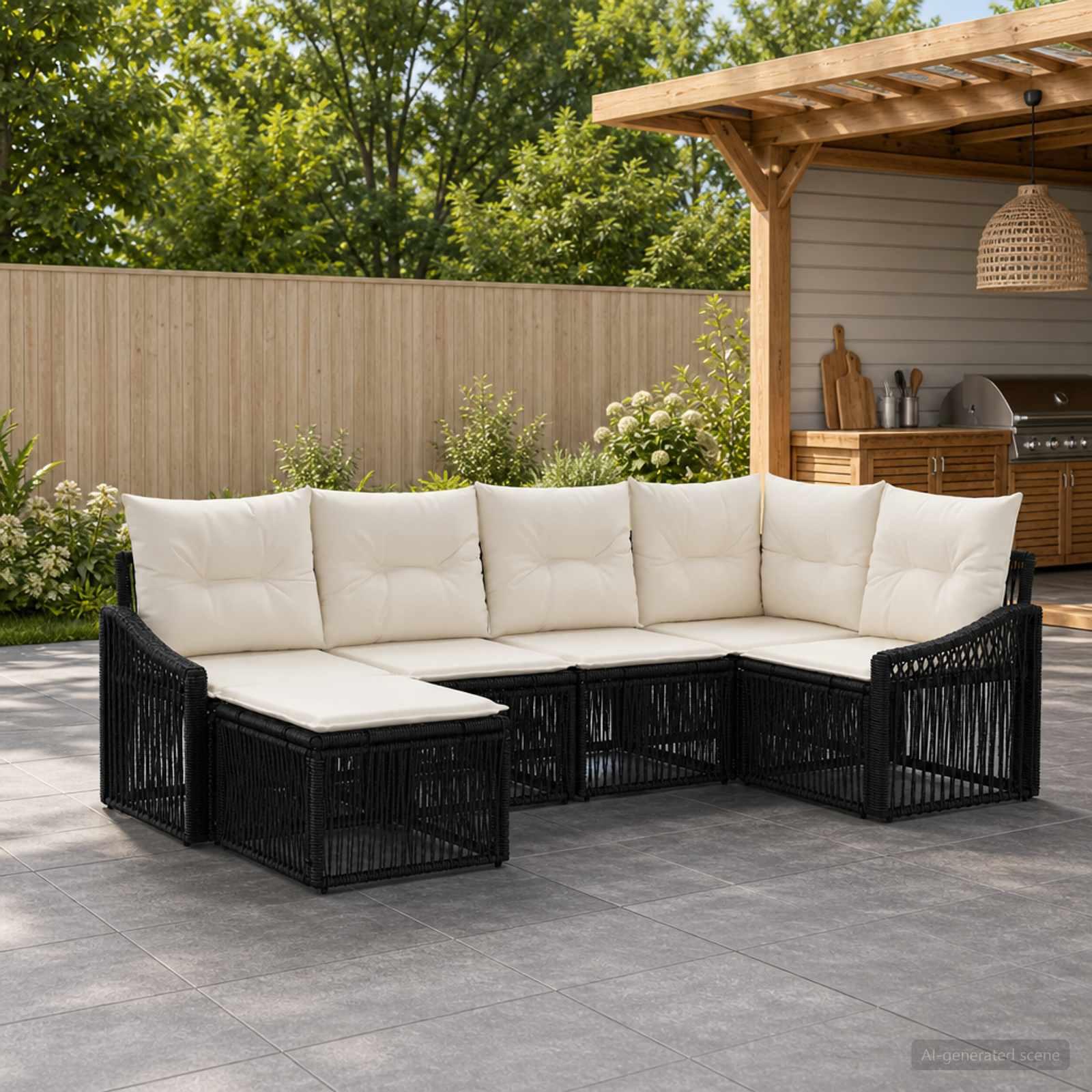 Havesofa sæt 6 stk. i sort polyrattan til terrasse og have