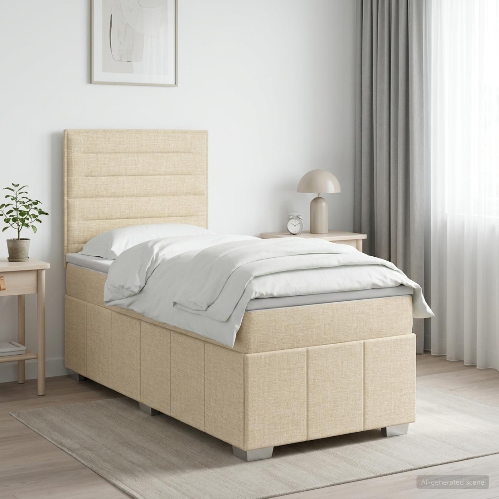Boksmadras seng med topmadras 90 x 200 cm cremefarvet stof