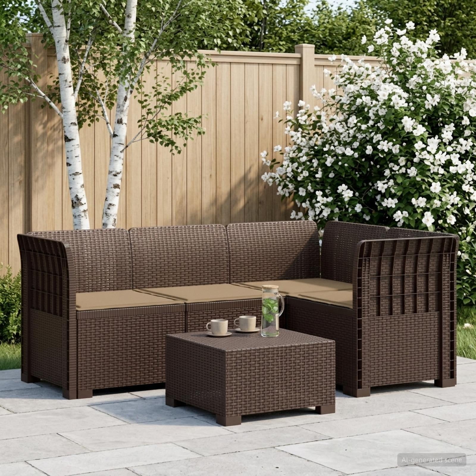 4-personers havesofa loungesæt i rattan-look PP med puder - brun