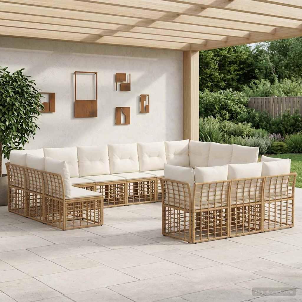 Udendørs sofagruppe i polyrattan med cremehvide puder - naturlig