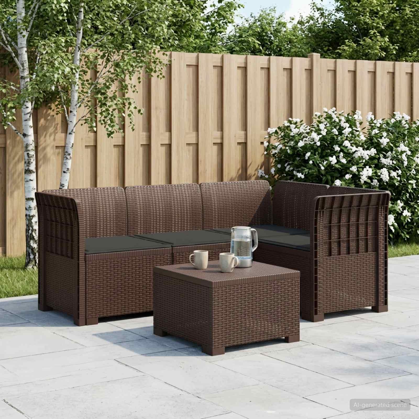 4-personers havesofa med puder i rattan-look PP brun