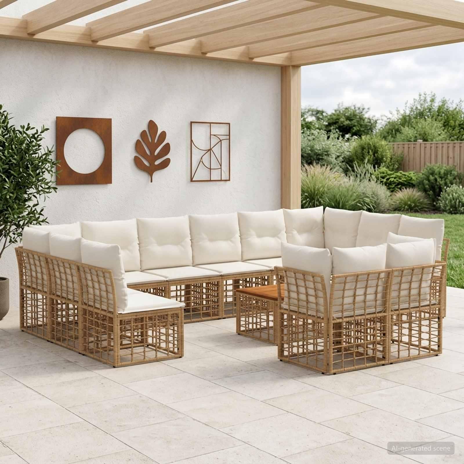 Udendørs sofagruppe 13 stk. i poly rattan - naturlig og creme hvid