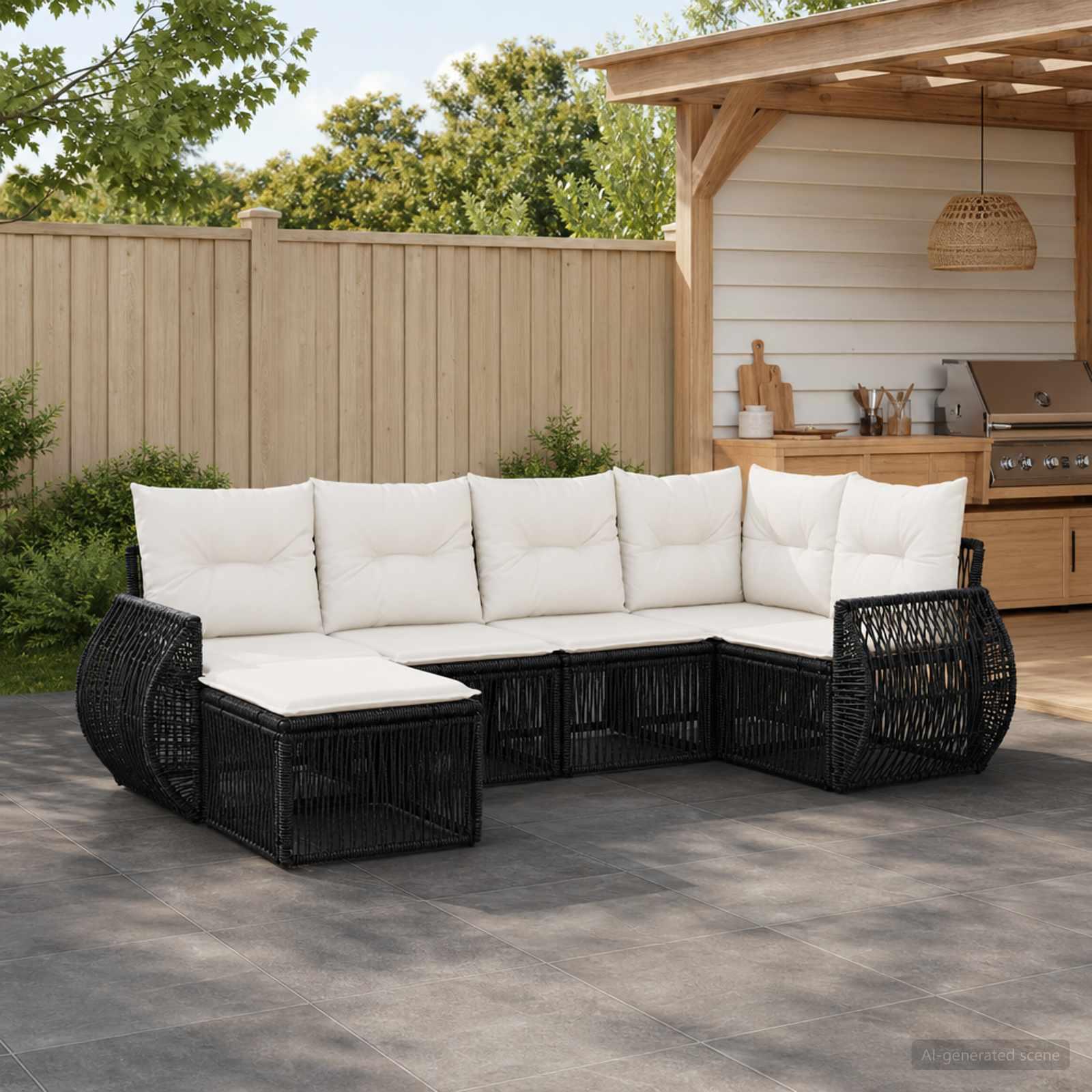 Havesofa sæt 6 stk. i polyrattan - sort og cremehvid