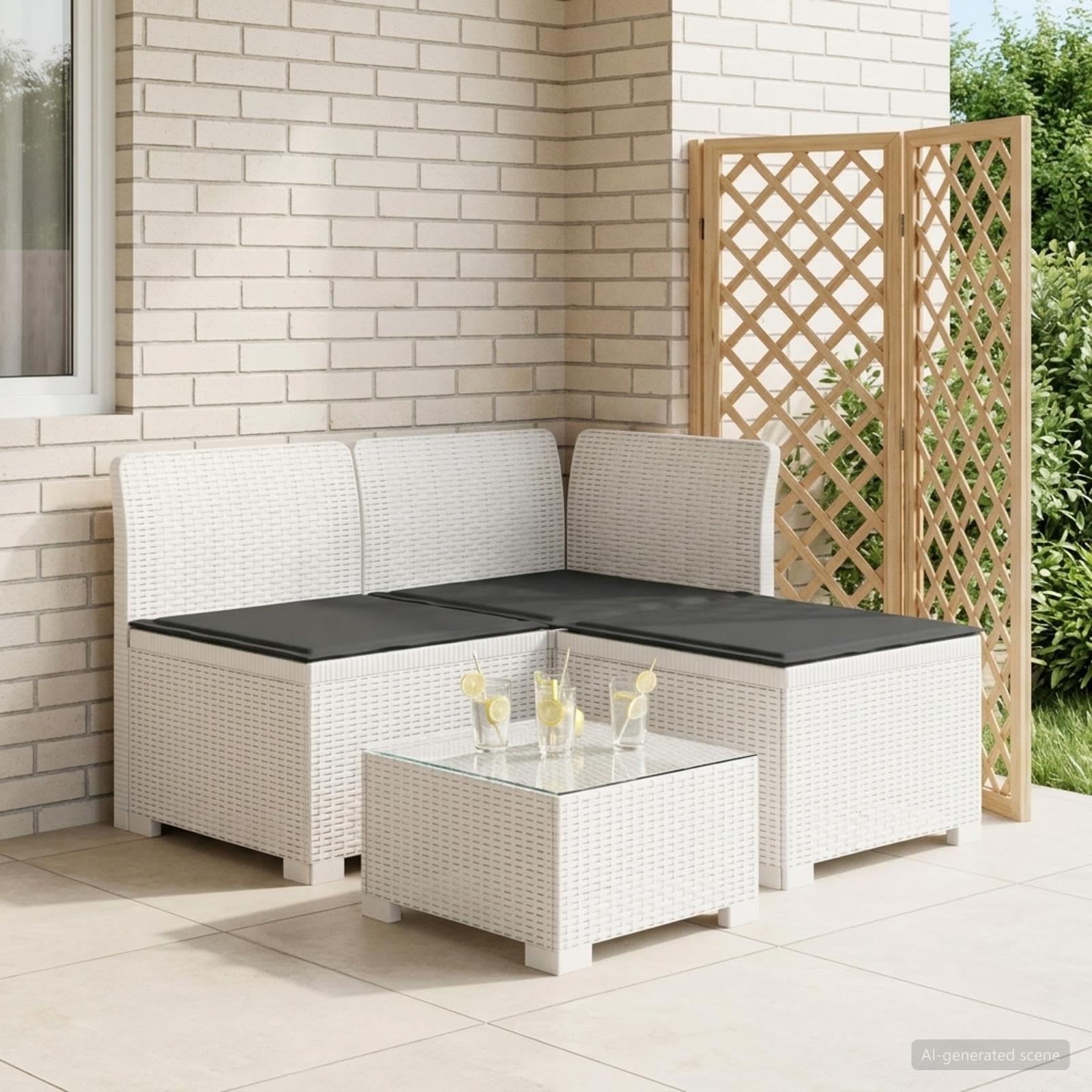 3-personers havensofa i rattanlook med puder, hvid