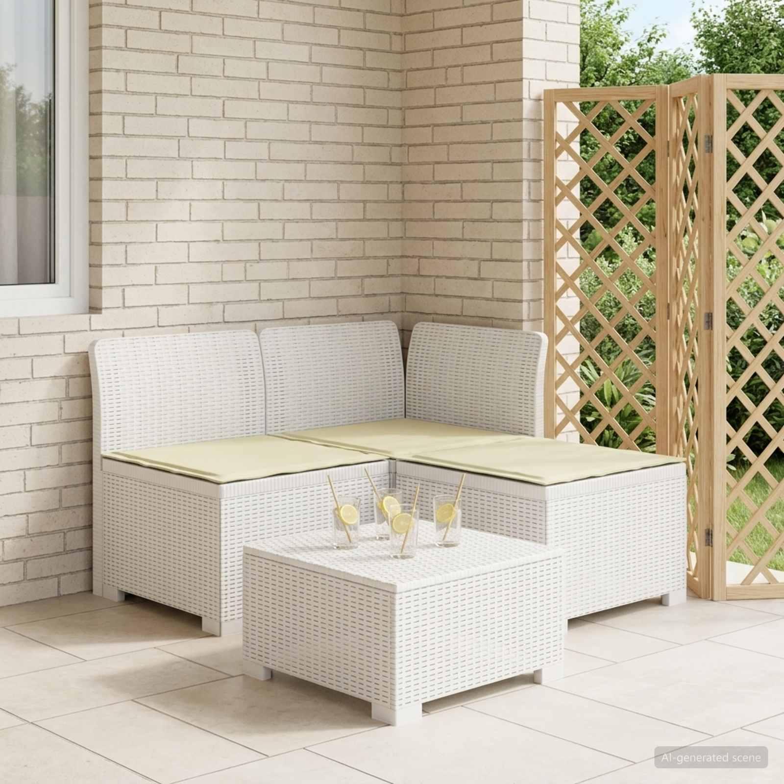 3-personers havensofa med puder i rattanlook PP hvid