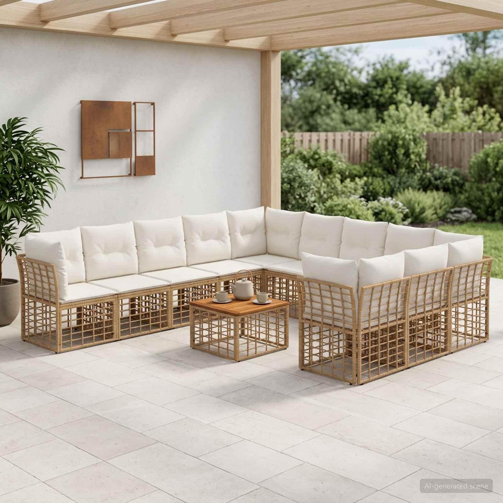 Udendørs sofagruppe 12 stk. i polyrattan - naturlig og cremehvid