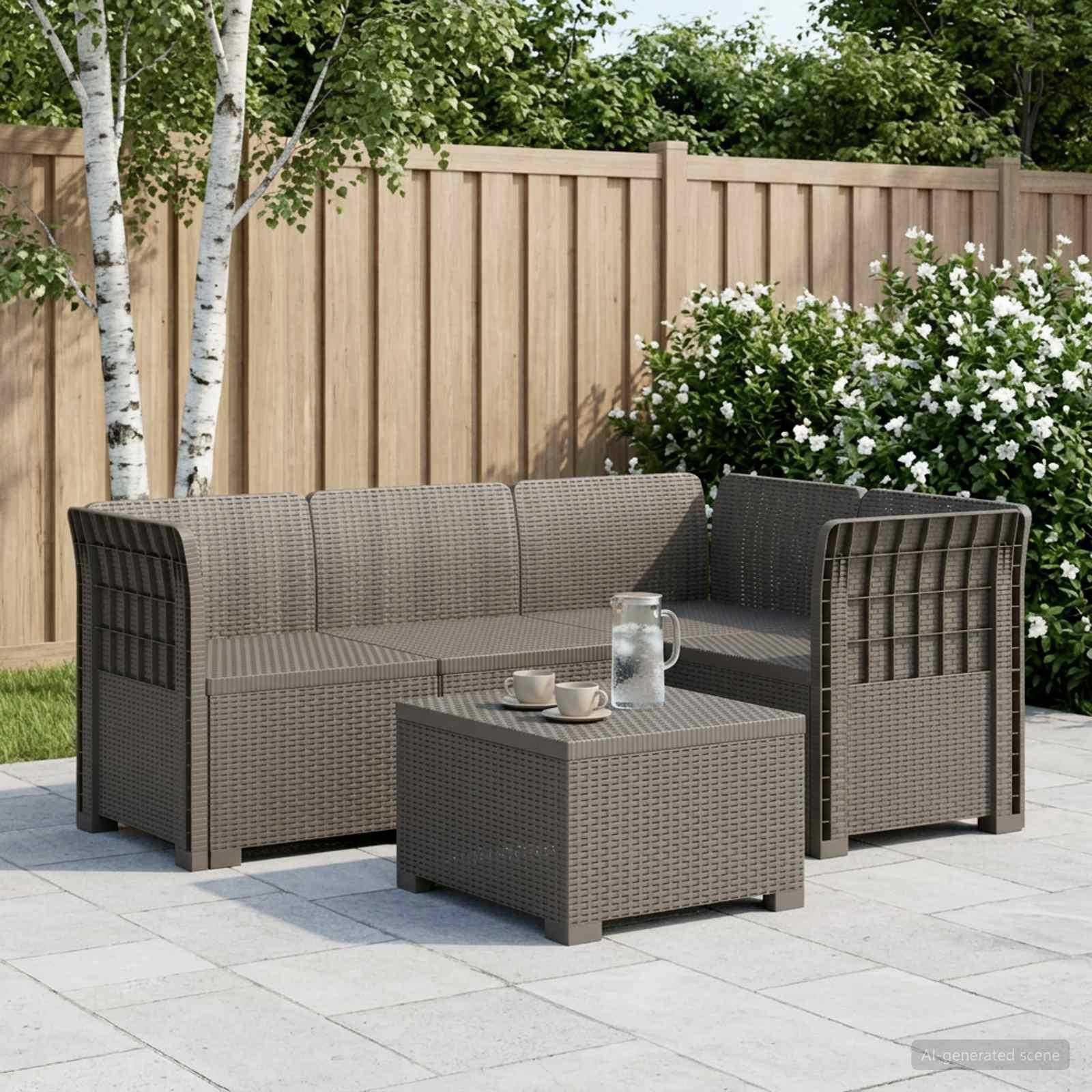 4-personers havesofa i rattan-look PP lysegrå