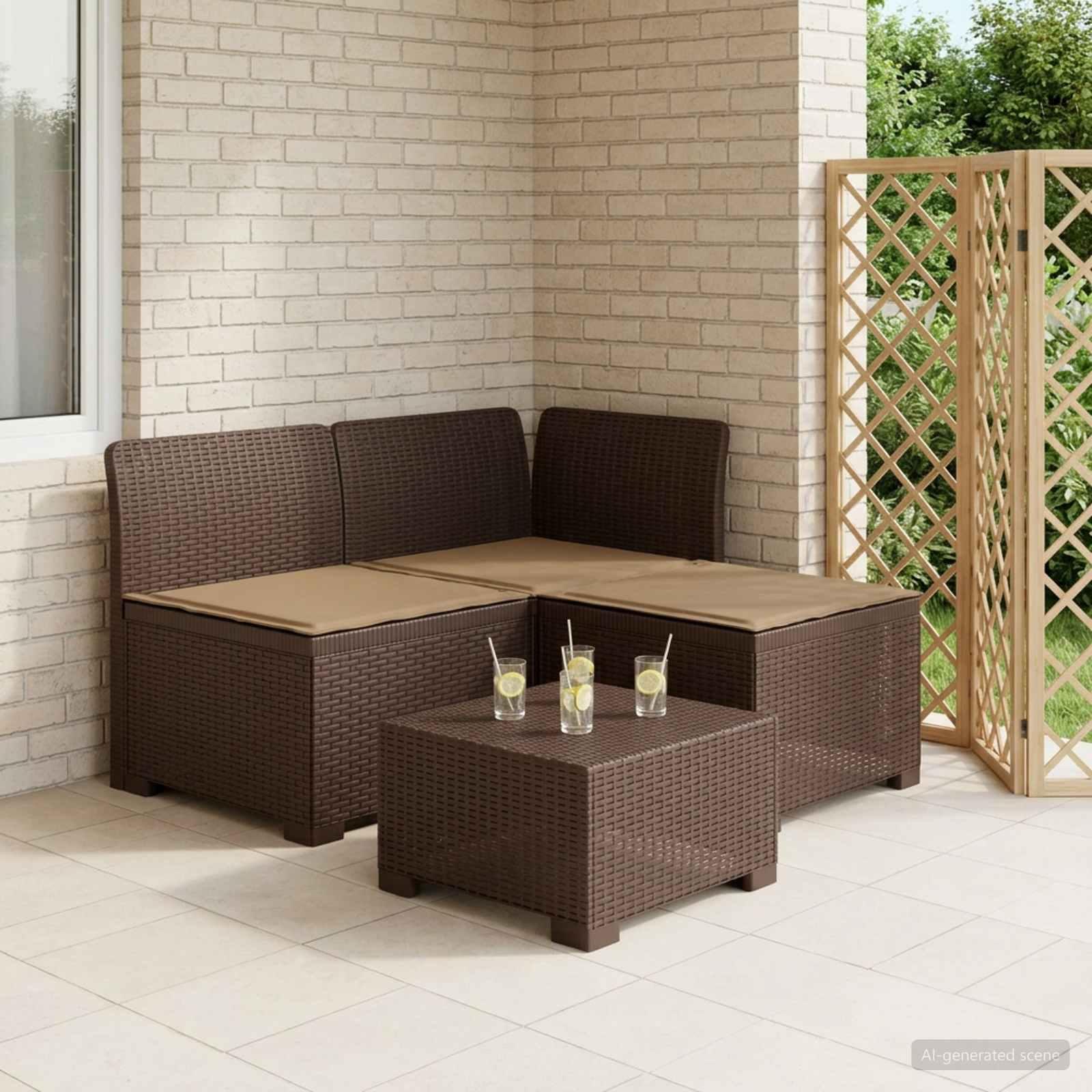 3-personers havensofa i rattanlook med puder, PP brun