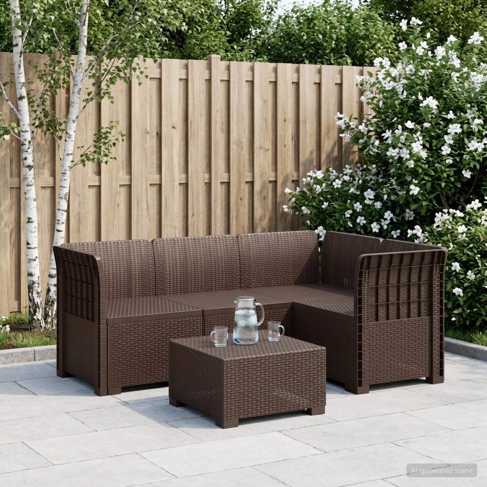 4-personers havesofa i rattan-look PP brun