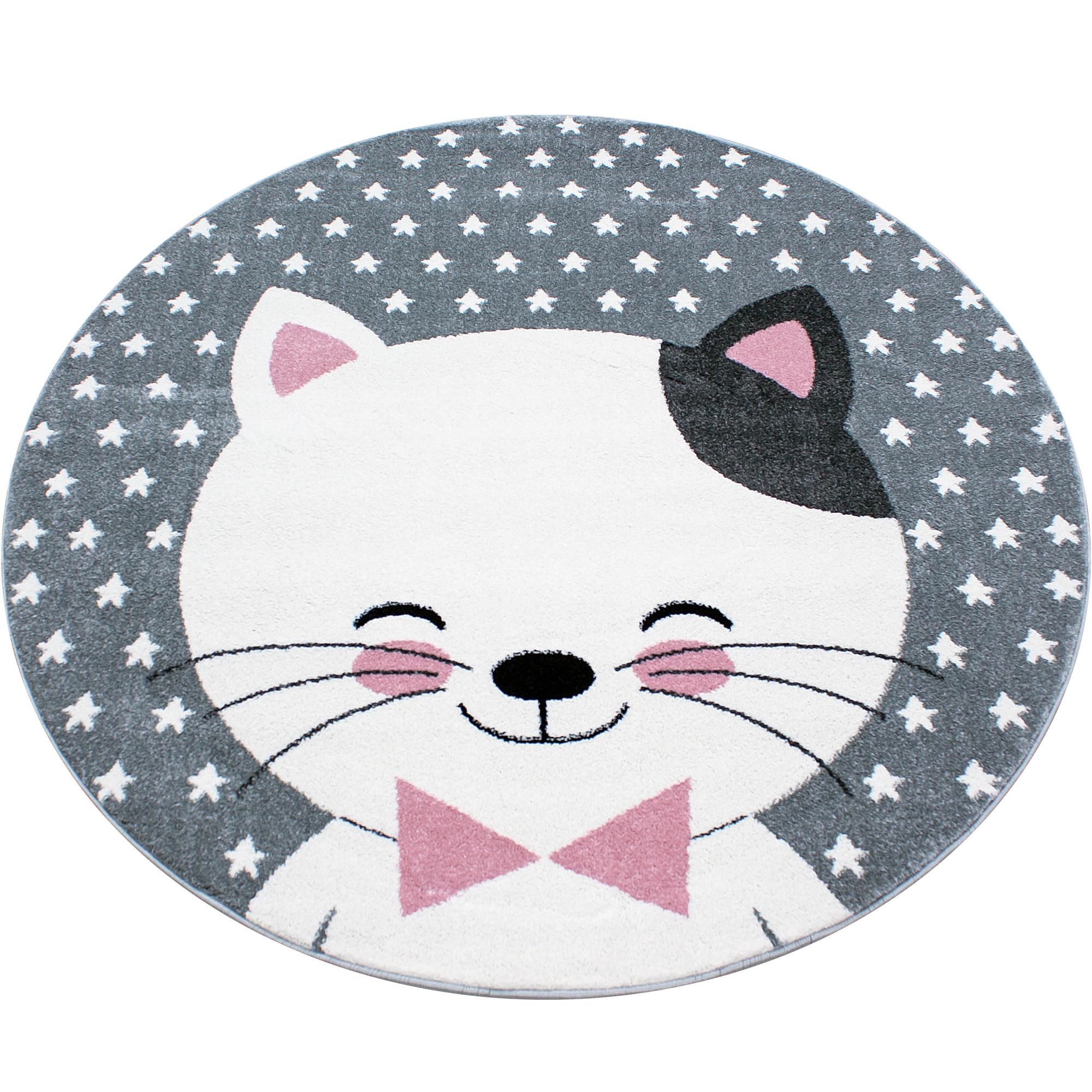 KIDS Niedliche Katze PINK rundt børnetæppe med kattemotiv - 160 x 160 cm
