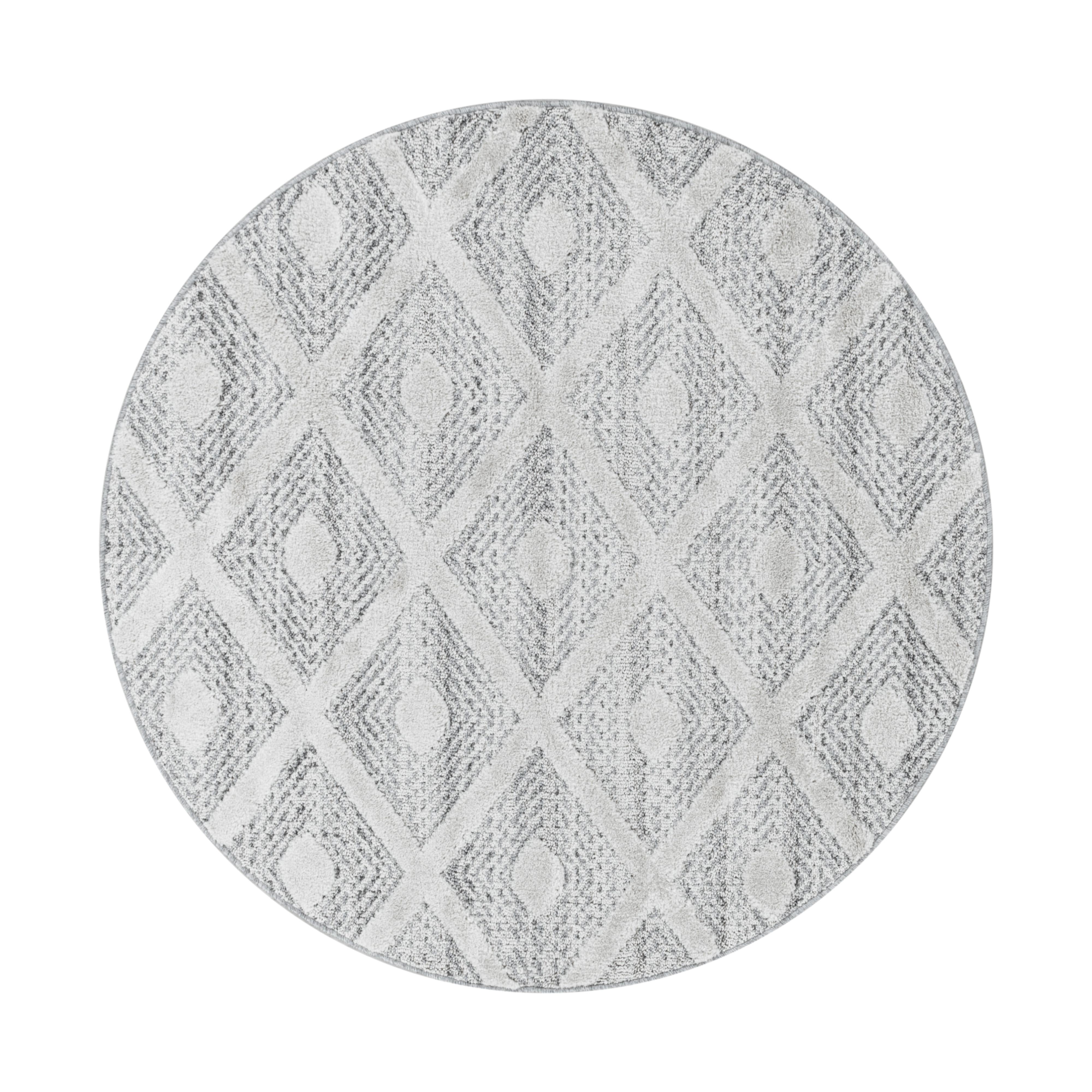 PISA rund shaggy tæppe grå med geometrisk mønster - 120 x 120 cm