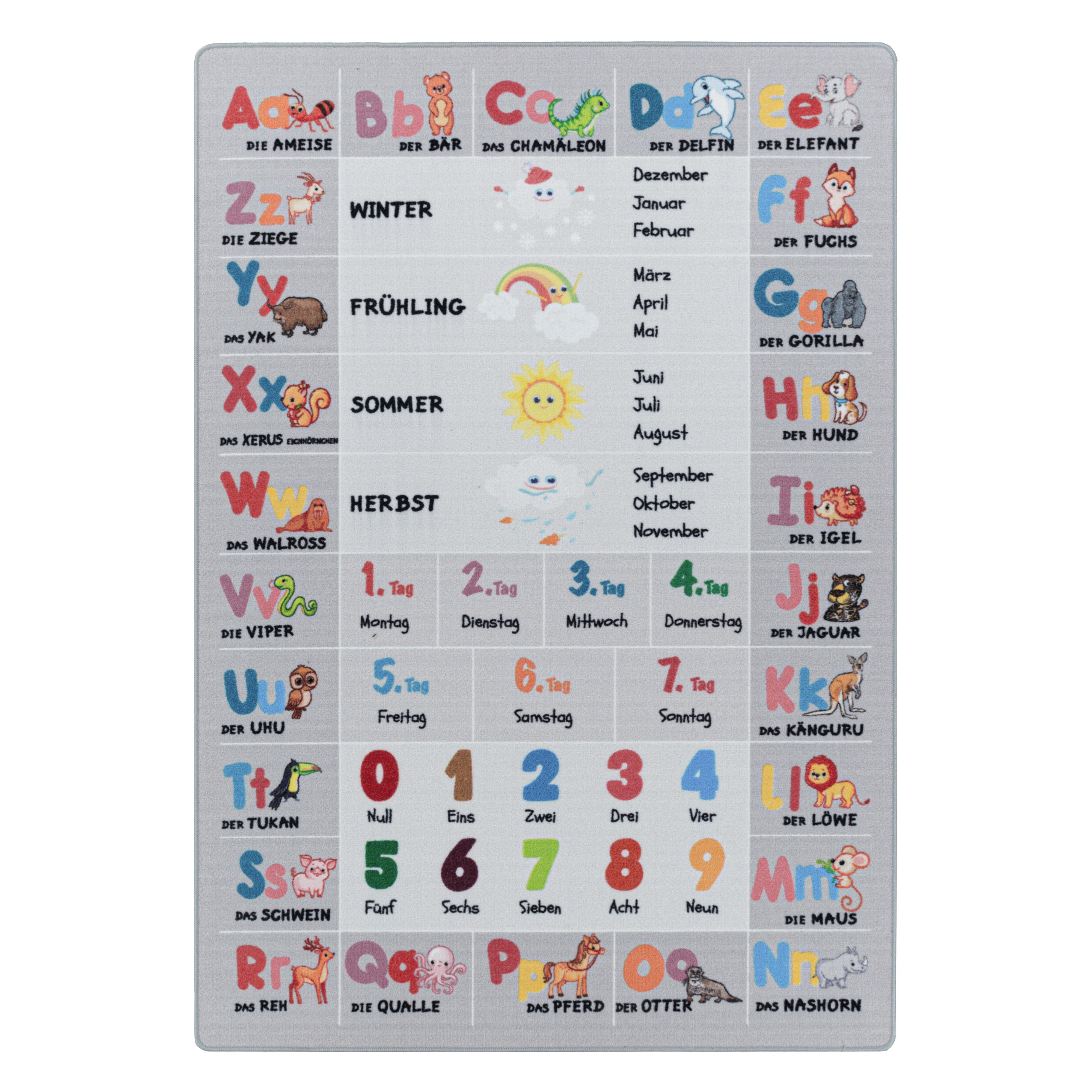 PLAY børnetæppe løber 80 x 120 cm - grå med alfabet, tal og dyr - 80 x 120 cm