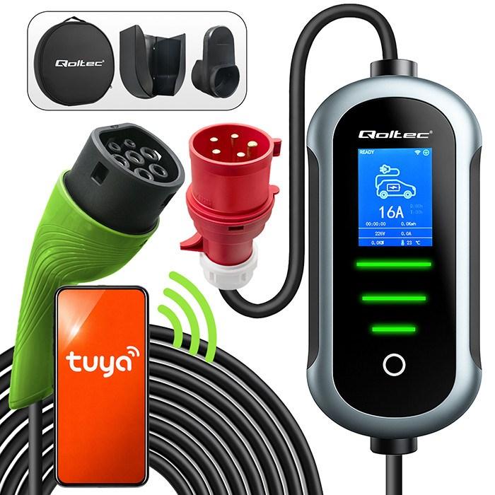 Qoltec mobil oplader til elbil og hybrid, Type 2 - 11 kW, 400 V, CEE 16 A, Wi‑Fi/Tuya/Smart Life, LCD, 5 m - bærbar/wallbox 2‑i‑1