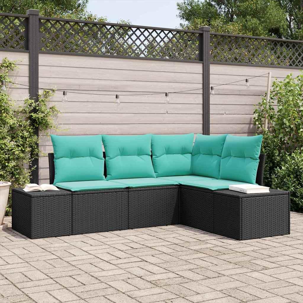 Havesofa sæt 4 stk. i sort polyrattan med turkise puder