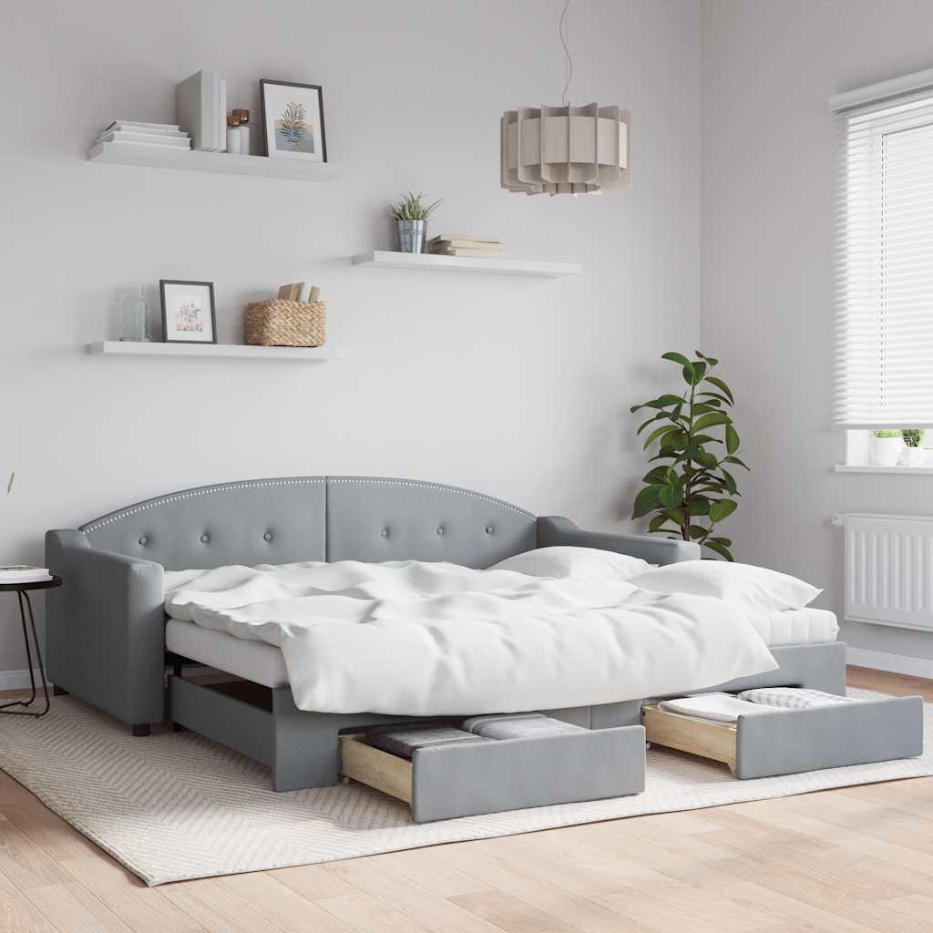 Daybed med udtræk og 2 skuffer 100x190 cm stof lysegrå