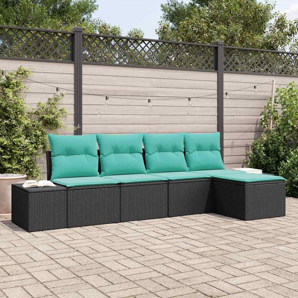 Havesofa sæt 5 stk. i sort polyrattan med turkise puder