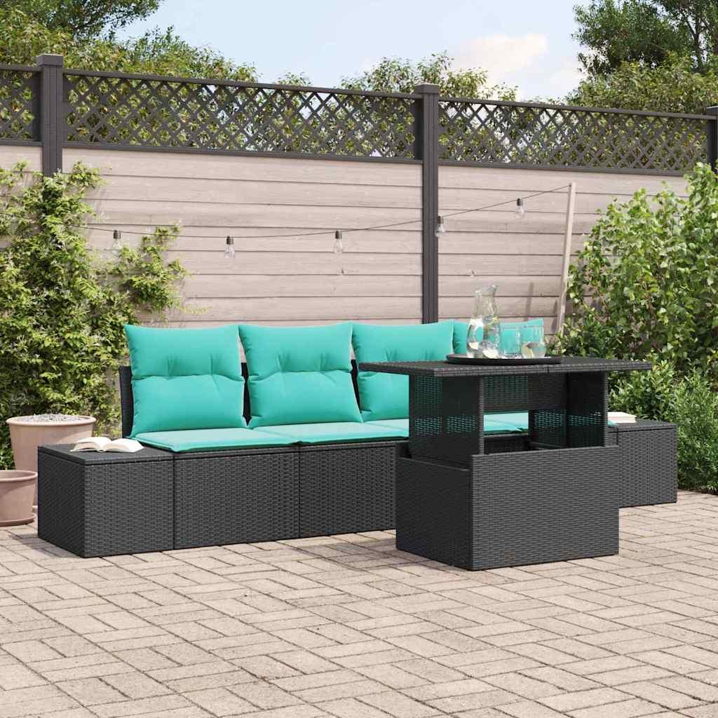 Sofa sæt 5 stk. til 4 personer i sort og blå polyrattan