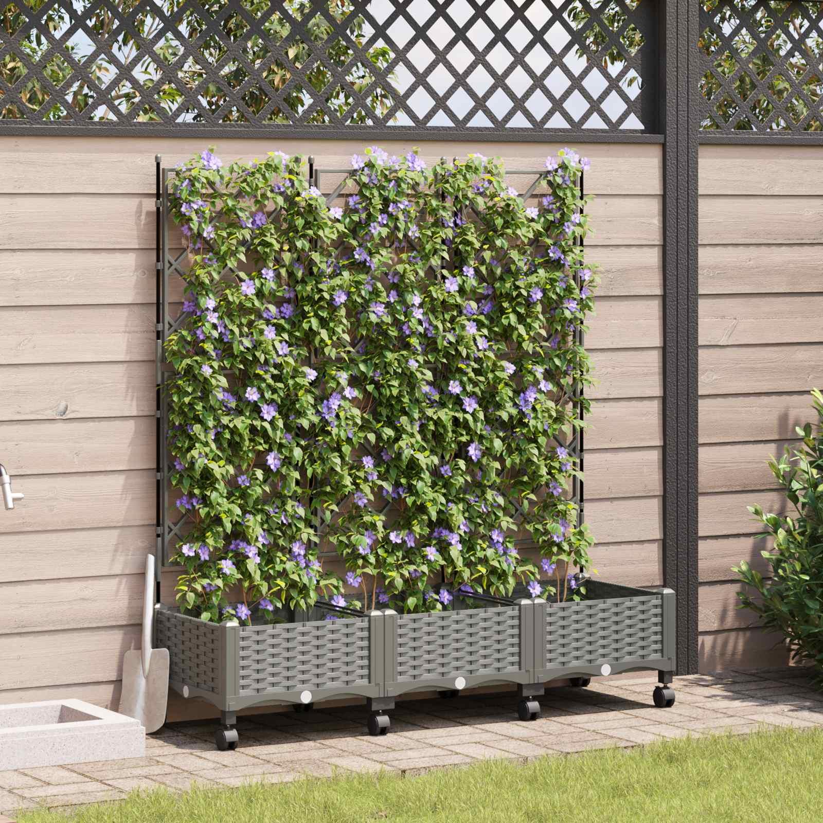 Haveplantekasse med espalier og hjul 3 stk. lysegrå PP