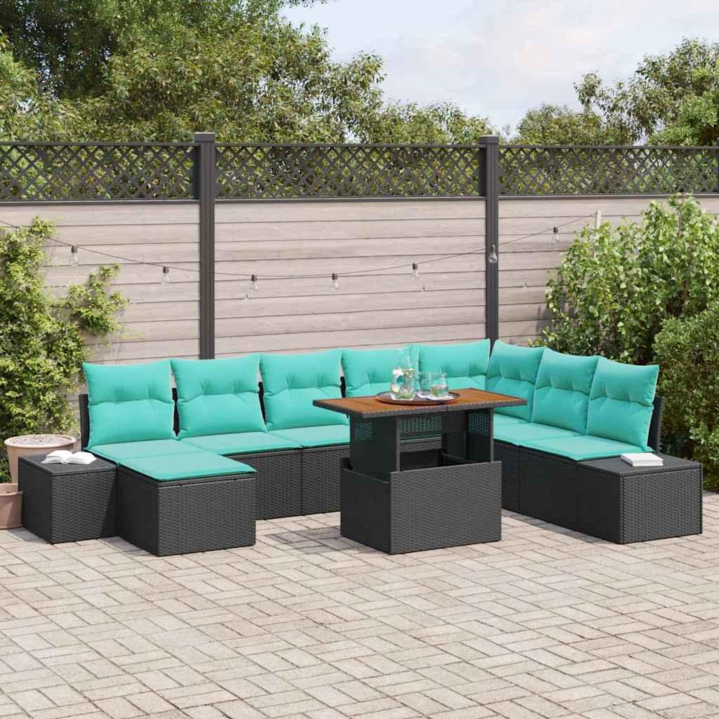 Havesofa sæt 9 stk. sort og blågrøn i polyrattan