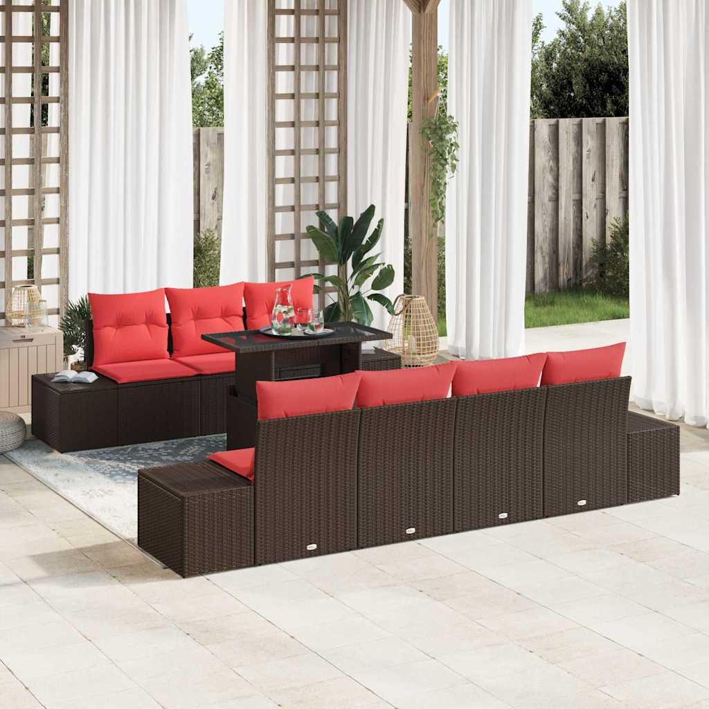 Havesofa sæt 8 stk. til 7 personer i poly rattan - brun og rød
