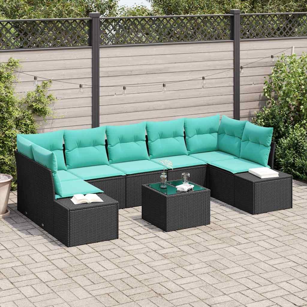 Havesofa sæt 8 stk. i sort polyrattan med turkise puder
