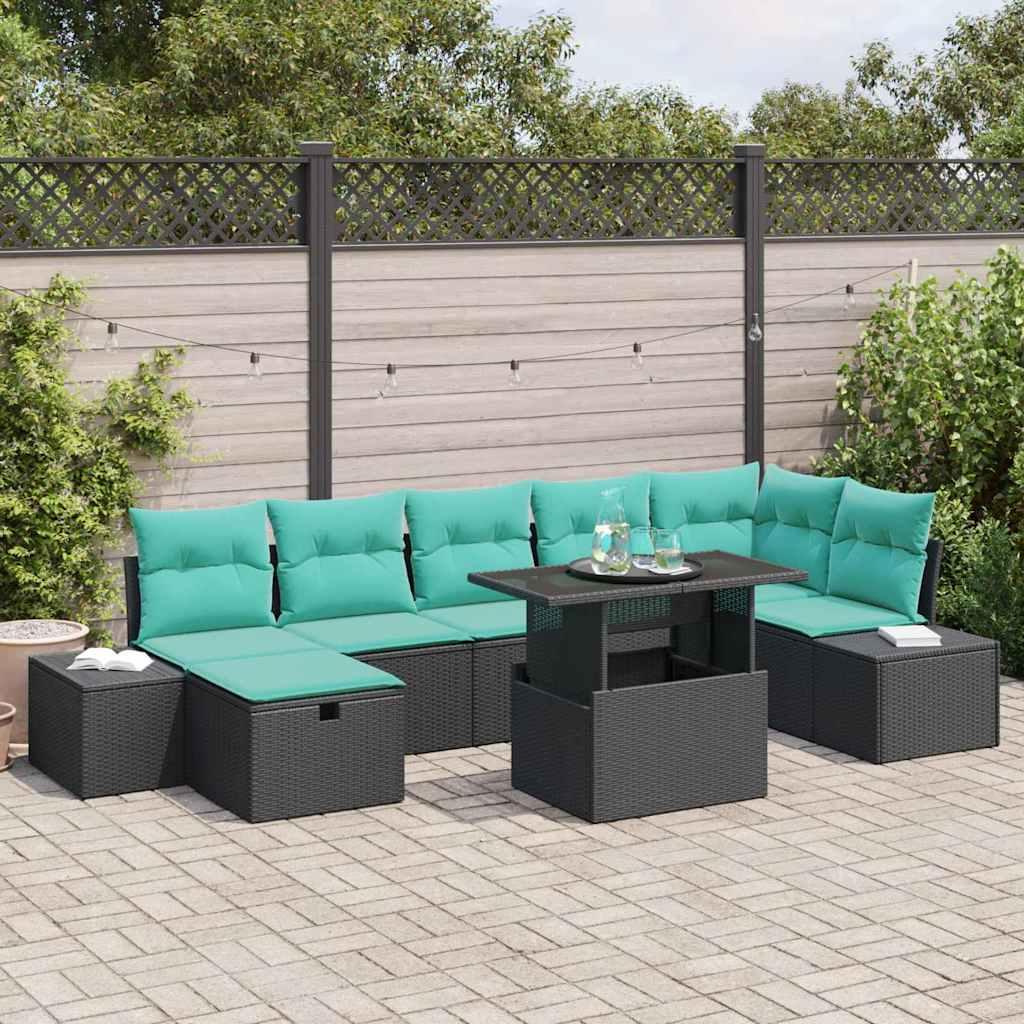Havesofa sæt 8 stk. i sort polyrattan med højdejusterbart bord