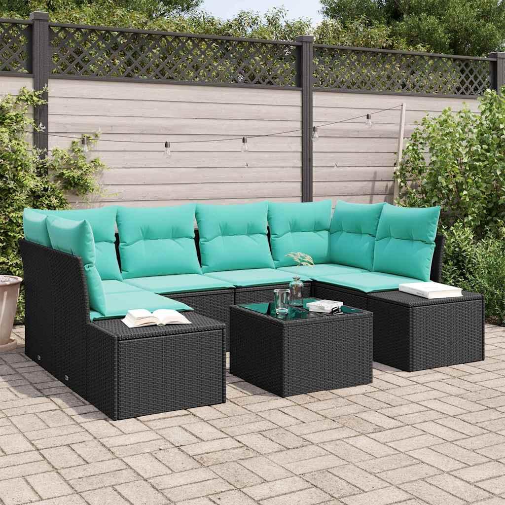 Havesofa sæt 7 stk. i sort polyrattan med puder