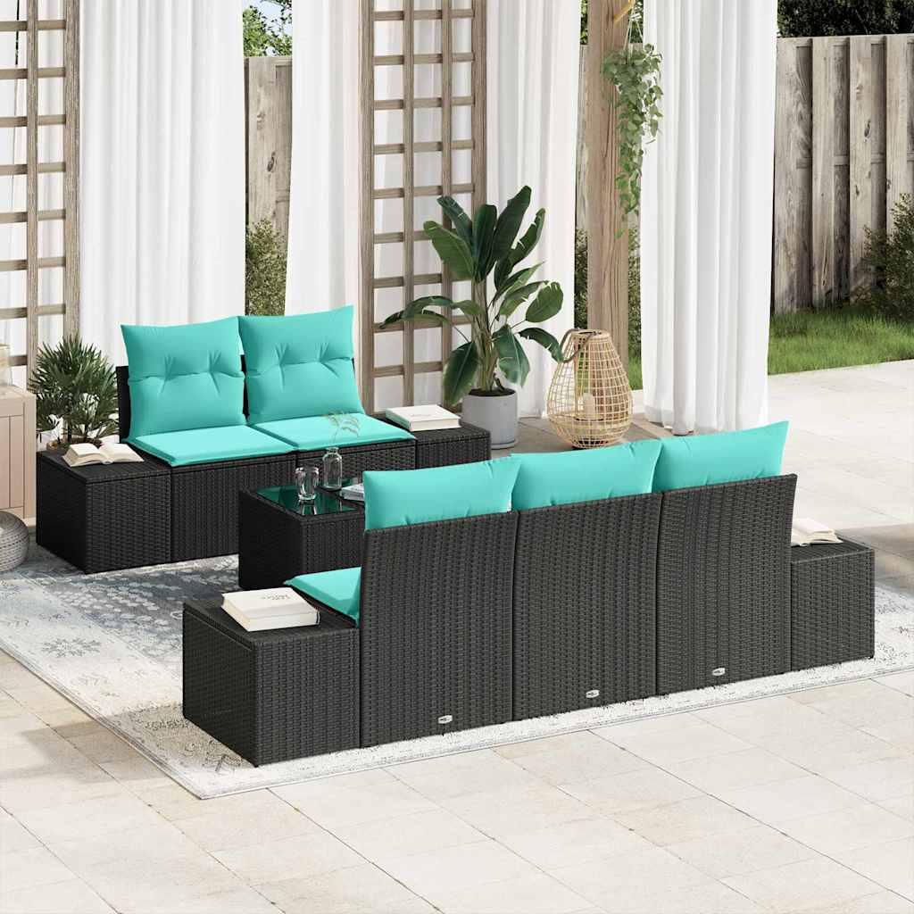 Havesofa sæt 6 dele i sort polyrattan med turkise puder
