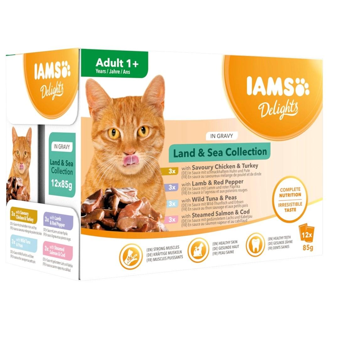 IAMS Delights Land & Sea Collection i sovs vådfoder til kat 12 x 85 g