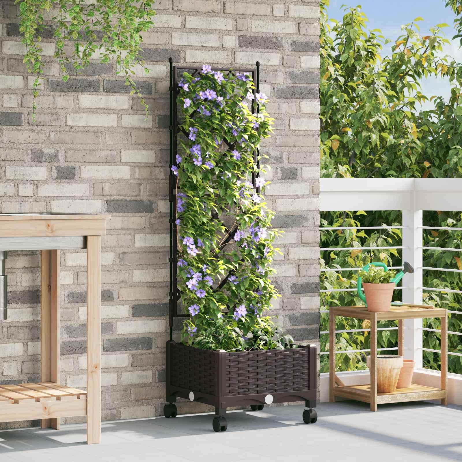 Haveplantekasse med espalier og hjul brun 40 x 40 x 131,5 cm PP