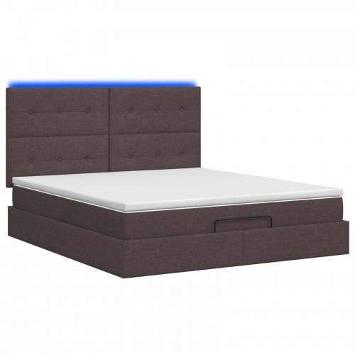 Ottoman seng med madras og LED 140 x 200 cm i mørk brun stof
