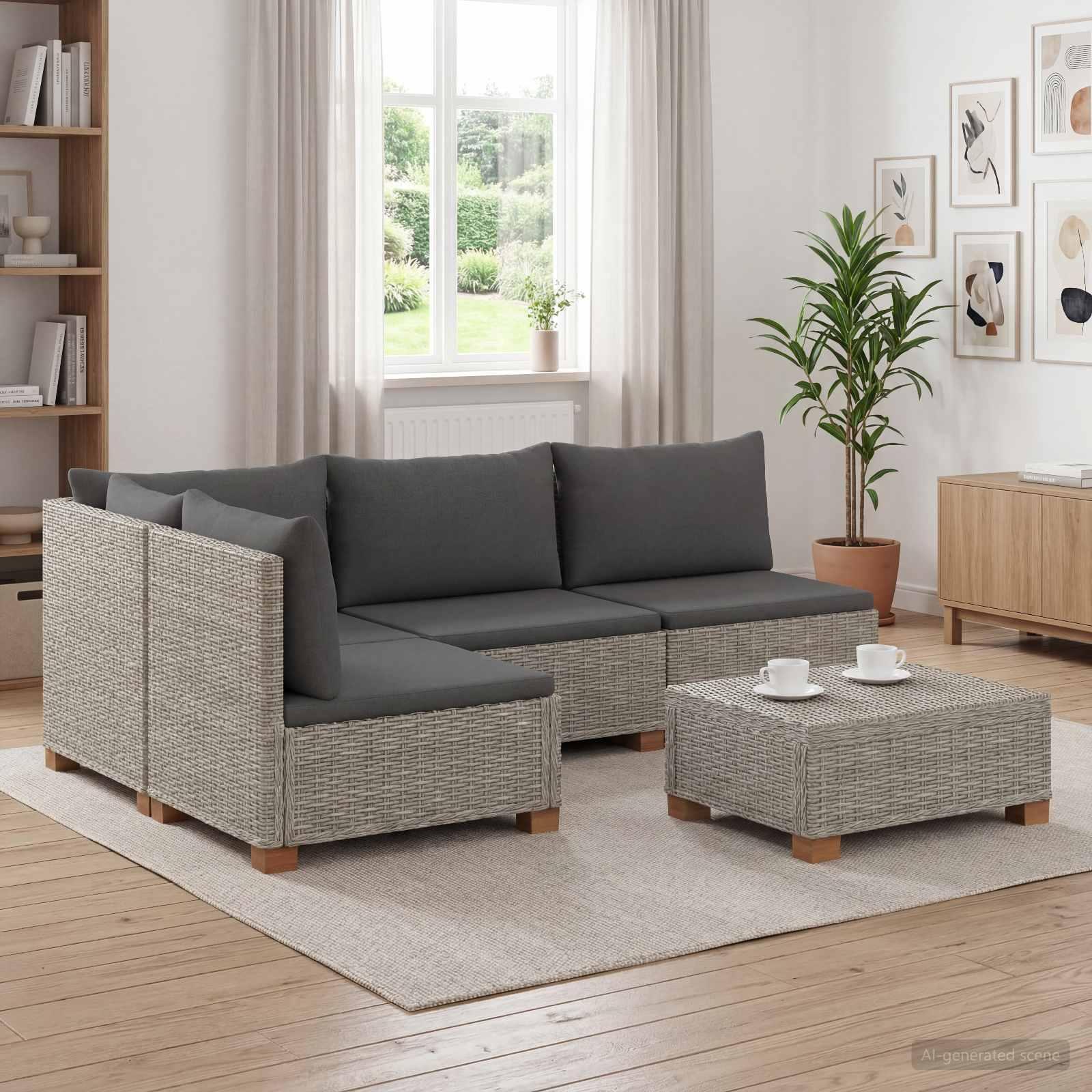 5 stk. loungesæt i naturlig rattan med puder - GENDT, kubu grå