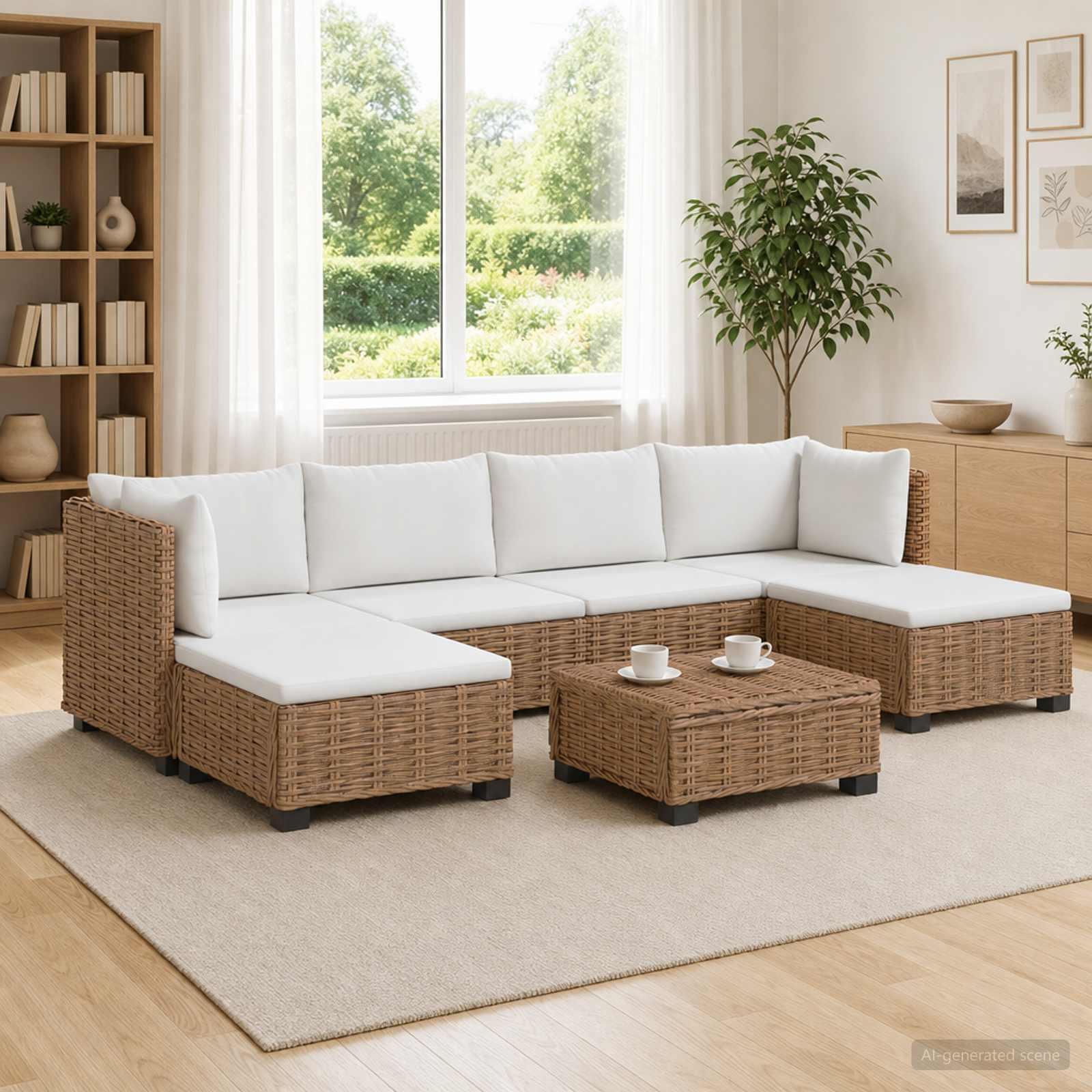 7 stk. rattan loungesæt med puder GENDT - naturfarvet