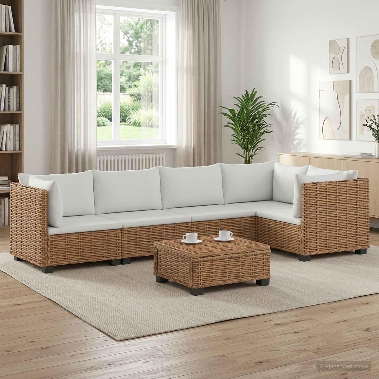 Rattan loungesæt med puder GENDT 6 dele i naturfarvet rattan