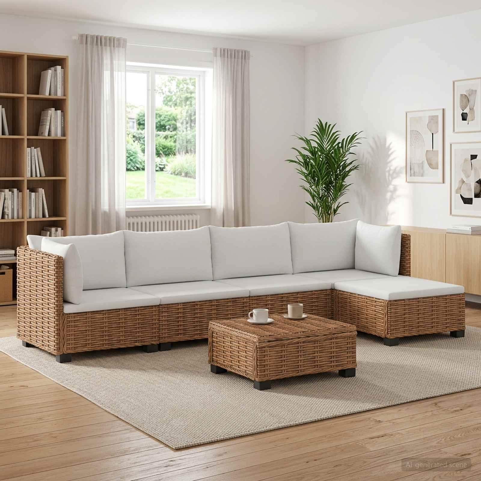 Rattan loungesæt med puder GENDT i naturlig rattan, 6 dele