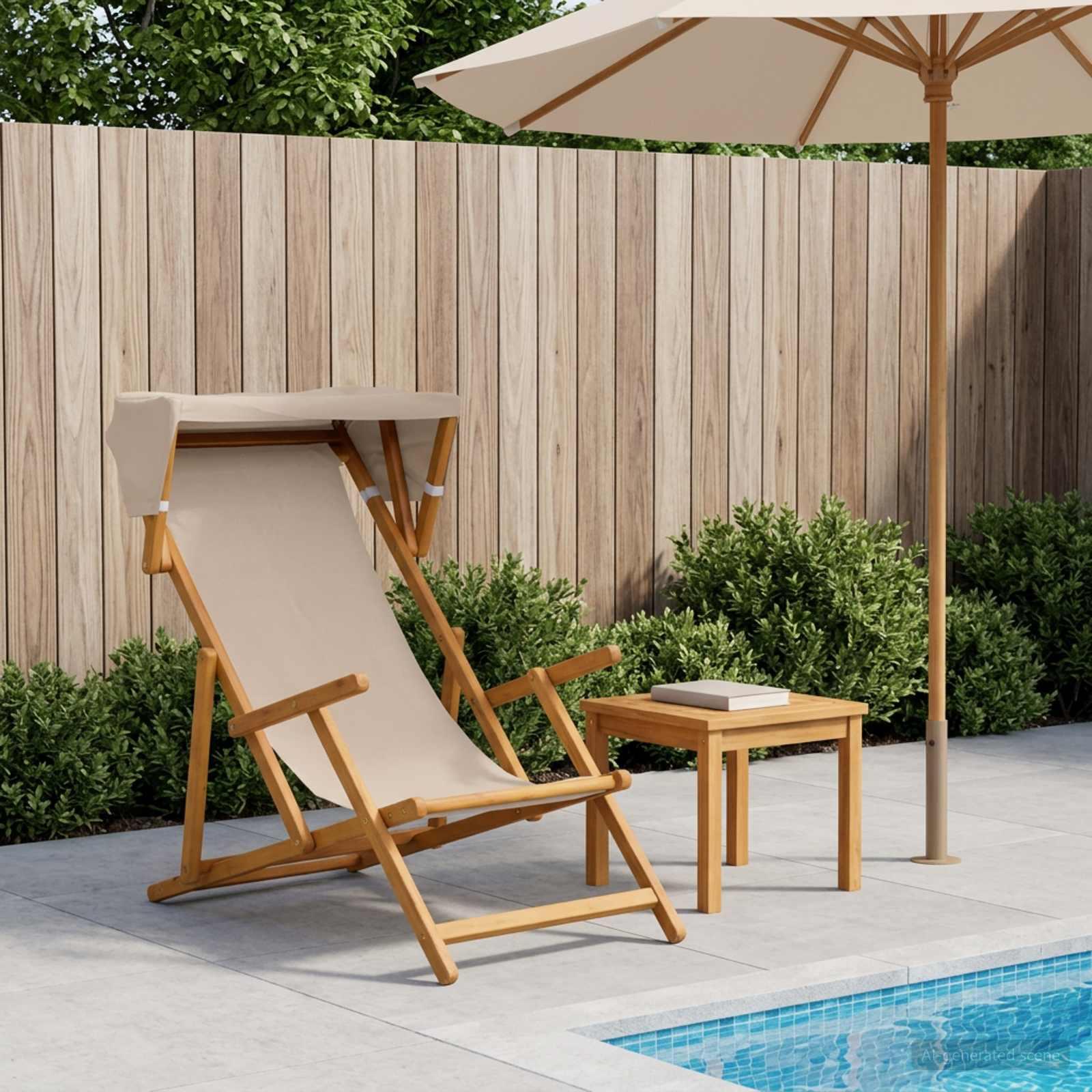 Dækstol i massiv eukalyptus med 3 positioner og solskærm - beige